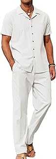 Men 2 Piece Linen Outfit Beach Button Down Shirt Casual Loose Pant Sets