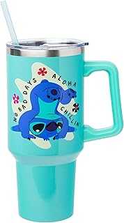 Disney Lilo and Stitch Aloha No Bad Days Chillin’ Stainless Steel Tumbler with Handle and Straw, Fits in Standard Cup Holder, 40 Ounces