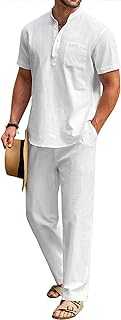 Men's 2 Pieces Cotton Linen Set Casual Short Sleeve Henley Shirts Beach Yoga Pants Summer Outfits