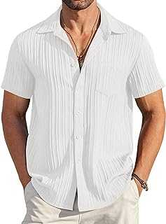 Men's Casual Button Down Shirts Short Sleeve Textured Summer Beach Shirt with Pocket