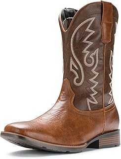 Cowboy Boots For Men with Wide Square Toe Western Retro Boot Durable Classic Fashionable Embroidered Pull On Slip Resistant Boots