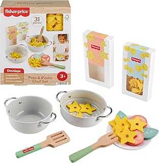 Preschool Toy Pots & Pasta Chef Set, 31-Piece Pretend Cooking Playset with Play Food & Wood Utensils for Kids Ages 3+ Years