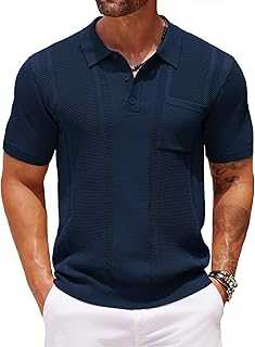 Knit Polo Shirts for Men Short Sleeve Textured Polo Shirt Slim Fit Summer Collared T Shirt with Pocket