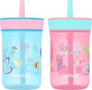 Leighton Kids Plastic Water Bottles Spill-Proof Tumblers with Straw Dishwasher Safe 14oz 2-Pack in Blue Raspberry/Butterflies & Azalea/Llamas Themes - Ideal for Toddlers and Older Kids