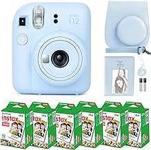 Instax Mini 12 Camera with Fujifilm Instant Mini Film (60 Sheets) Bundle with Deals Number One Accessories Including Carrying Case, Photo Album, Stickers (Pastel Blue)