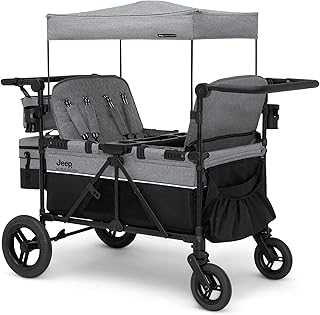 Jeep Wrangler Deluxe 4 Seater Stroller Wagon by Delta Children - Premium Quad Stroller Wagon for 4 Kids with Convertible Seats, Adjustable Push/Pull Handles, Removable Canopy & Flat Fold, Grey