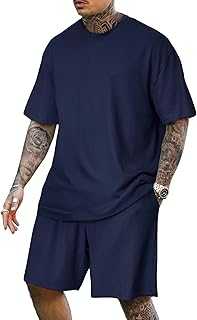 Mens Casual 2 Piece Outfits-Short Sleeve Athletic Set Oversize T-Shirts Drawstring Tracksuit Set