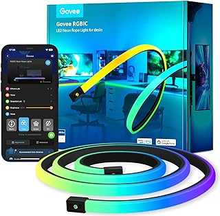 RGBIC Neon Rope Lights for Desks, 16.4ft LED Gaming Desk Lights, Neon LED Strip Lights Syncing with Razer Chroma, Support Cutting, Smart App Control, Music Sync, Adapter (Only 2.4G Wi-Fi)