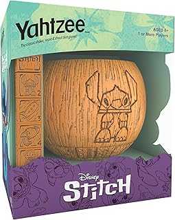 YAHTZEE: Disney Stitch, Collectible Tiki Style Dice Cup, Classic Dice Game Based on Disney’s Lilo & Stitch, Great for Family Night, Officially Licensed Disney Game & Merchandise
