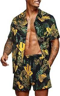 Men's Hawaiian Matching Set Summer Beach 2 Piece Outfits Flower Button Down Shirts and Shorts Vacation Outfits