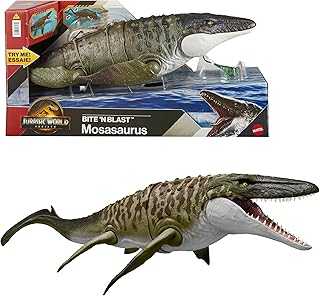 Jurassic World Rebirth Bite N Blast Mosasaurus Action Figure & Mini Dilophosaurus, Wide Jaw Dinosaur Toy, Movie-Accurate Posable, Digital Play