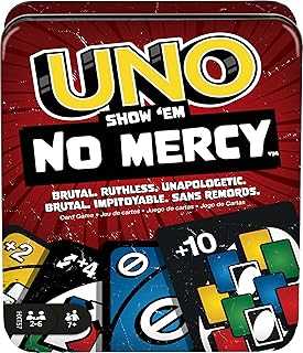 UNO Show ‘em No Mercy Card Game in Storage & Travel Tin for Kids, Adults & Family Night with Extra Cards, Special Rules & Tougher Penalties (Amazon Exclusive)